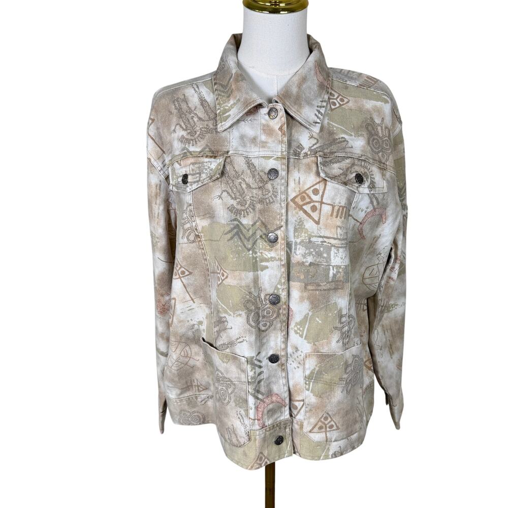 Chicos Denim Aztec Glitter Print Button Up Jacket US Women's 3